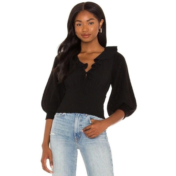 Free People Medium M Billie Cascade Ruffle Smocked Sweater Knit Top Black - Picture 1 of 6